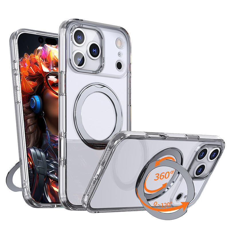 Funda para teléfono Pivot en color naranja con soporte magnético giratorio de 360 grados y acabado mate similar a la piel.