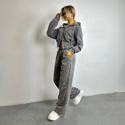 Conjunto de suéter con capucha desgastado para mujer