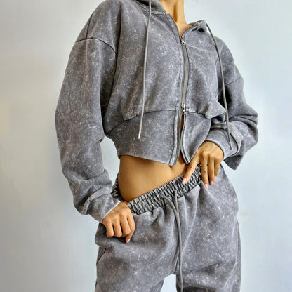 Conjunto de suéter con capucha desgastado para mujer