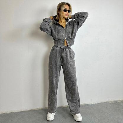 Conjunto de suéter con capucha desgastado para mujer