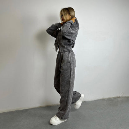 Conjunto de suéter con capucha desgastado para mujer